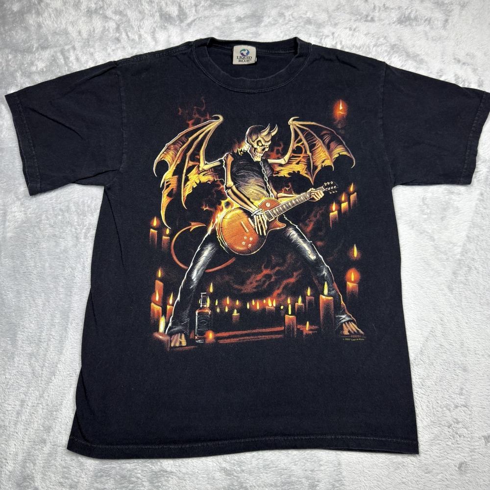 Liquid Blue Shirt Mens Medium Demon Guitar‎ Flames Candles Rock Band 2007 Tee